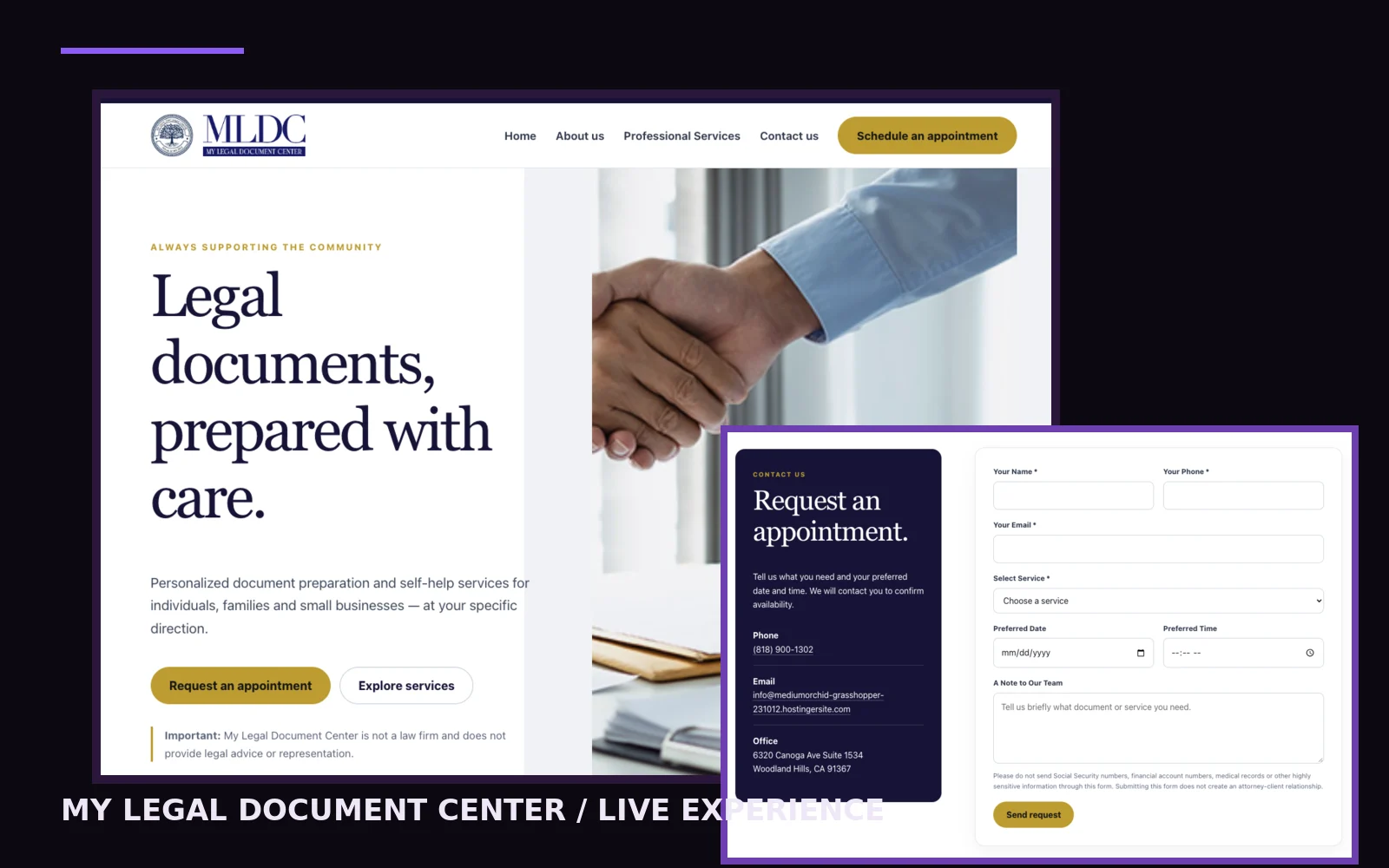 Live My Legal Document Center implementation showing desktop experience and inquiry form